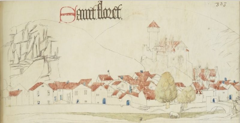 Сен-Флоре. Рисунок замка и города из книги Гийома Ревеля (XV век)