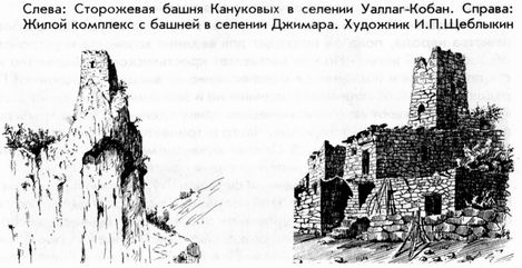 Северная Осетия. Тагаурия. Рисунок башни Кануковых и комплекса из селения Джимара 